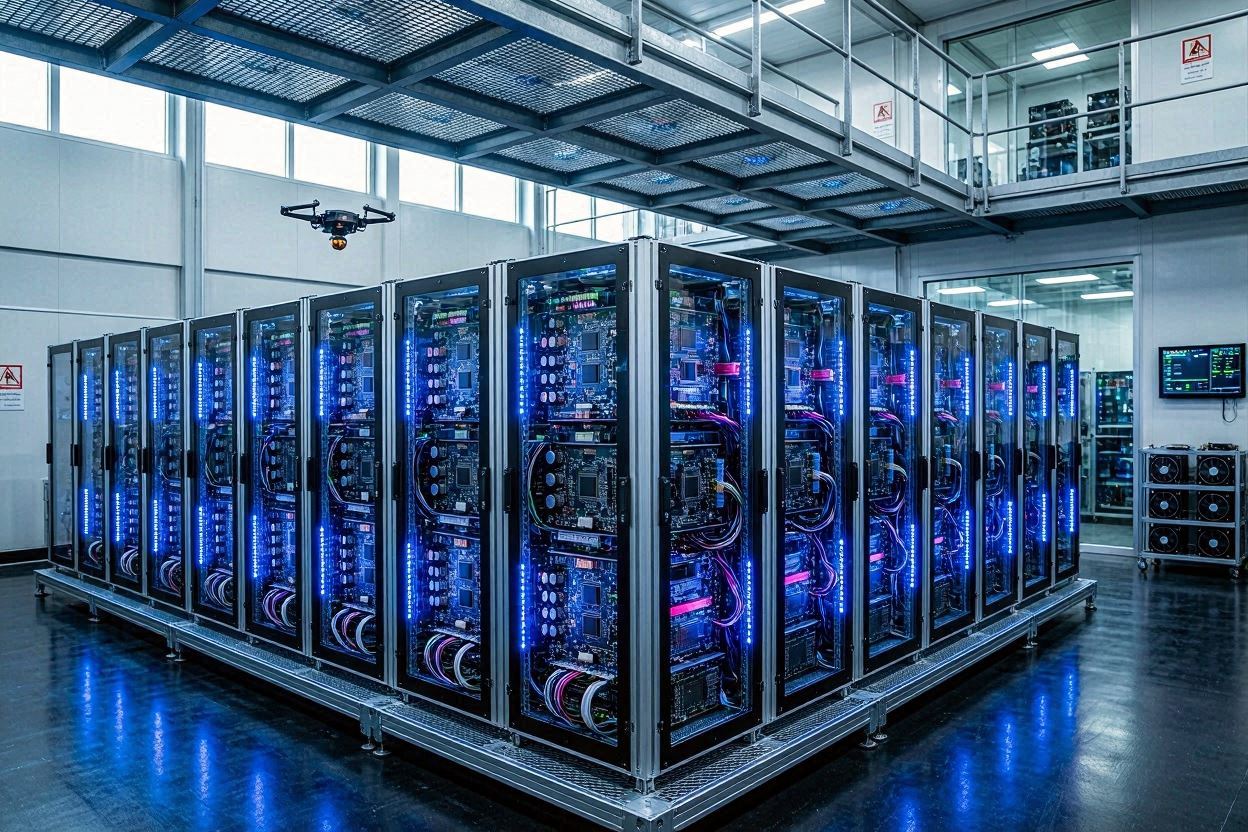 Inside the futuristic data center, high-performance mining equipment is lined up, neon signs flash, and sophisticated circuit boards are depicted in detail.