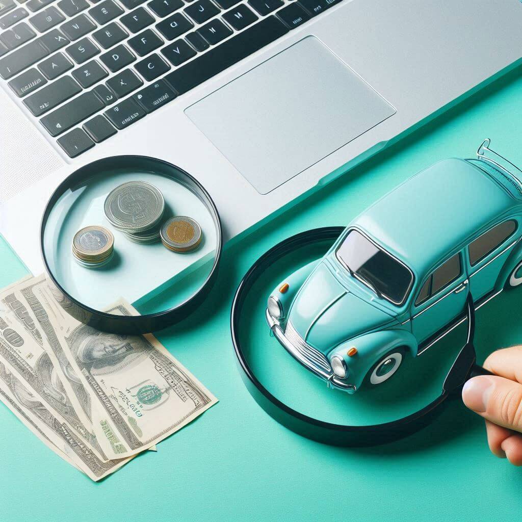 노트북, 돈, 자동차를 돋보기로 보고 있음