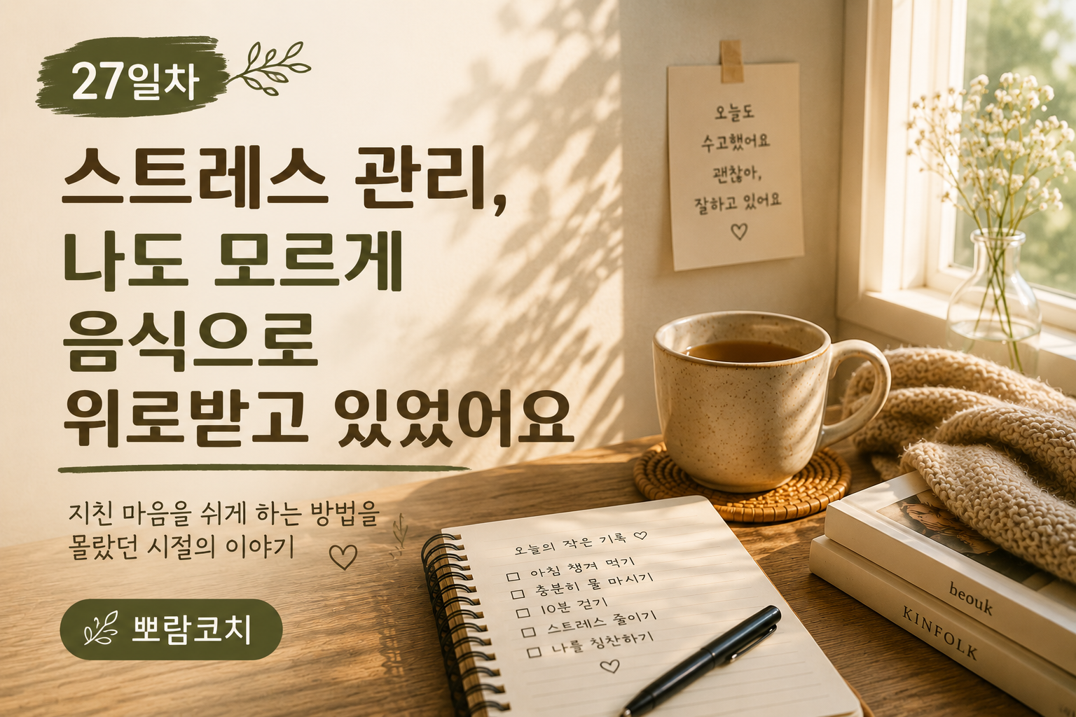 스트레스로 인해 단 음식에 손이 가고 감정을 음식으로 달래던 시간을 떠올리는 따뜻한 감성 이미지