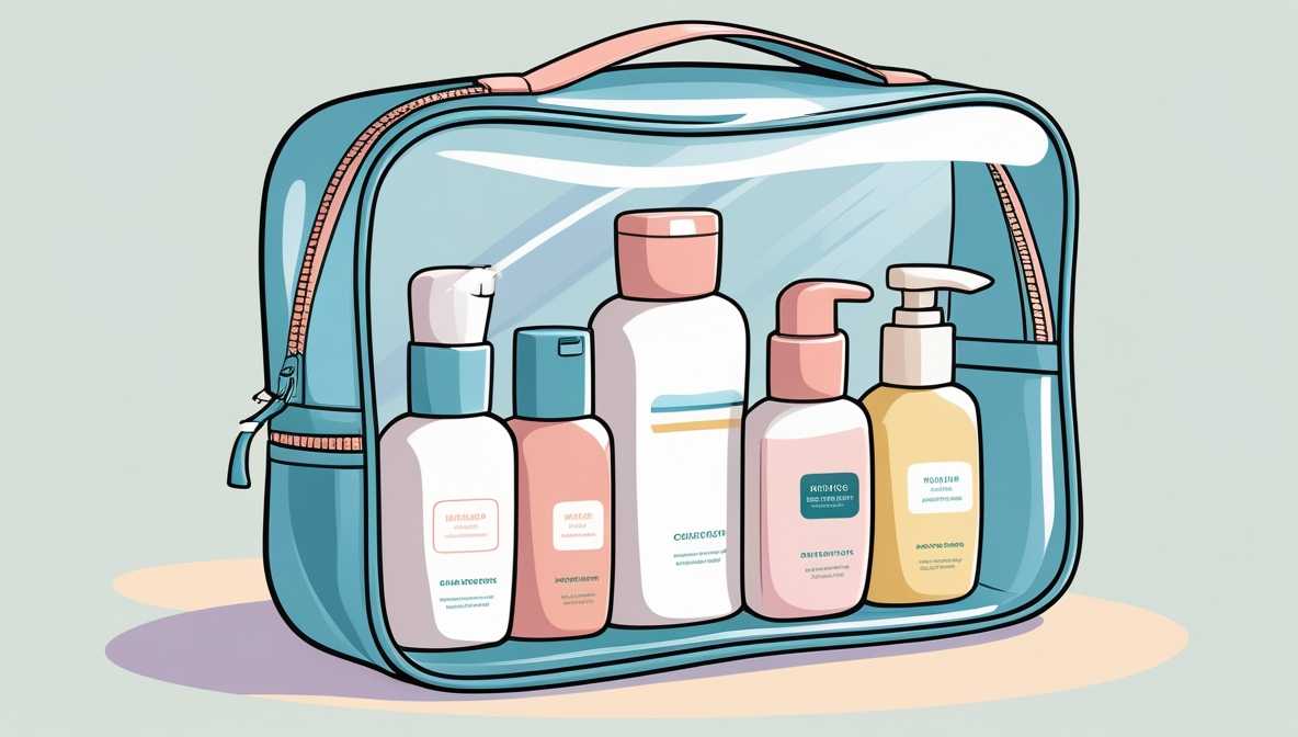 투명한 파우치 안에 샴푸, 린스, 폼클렌징 등 여행용 사이즈의 세면도구가 귀엽고 깔끔한 카툰 스타일로 정리되어 있는 일러스트