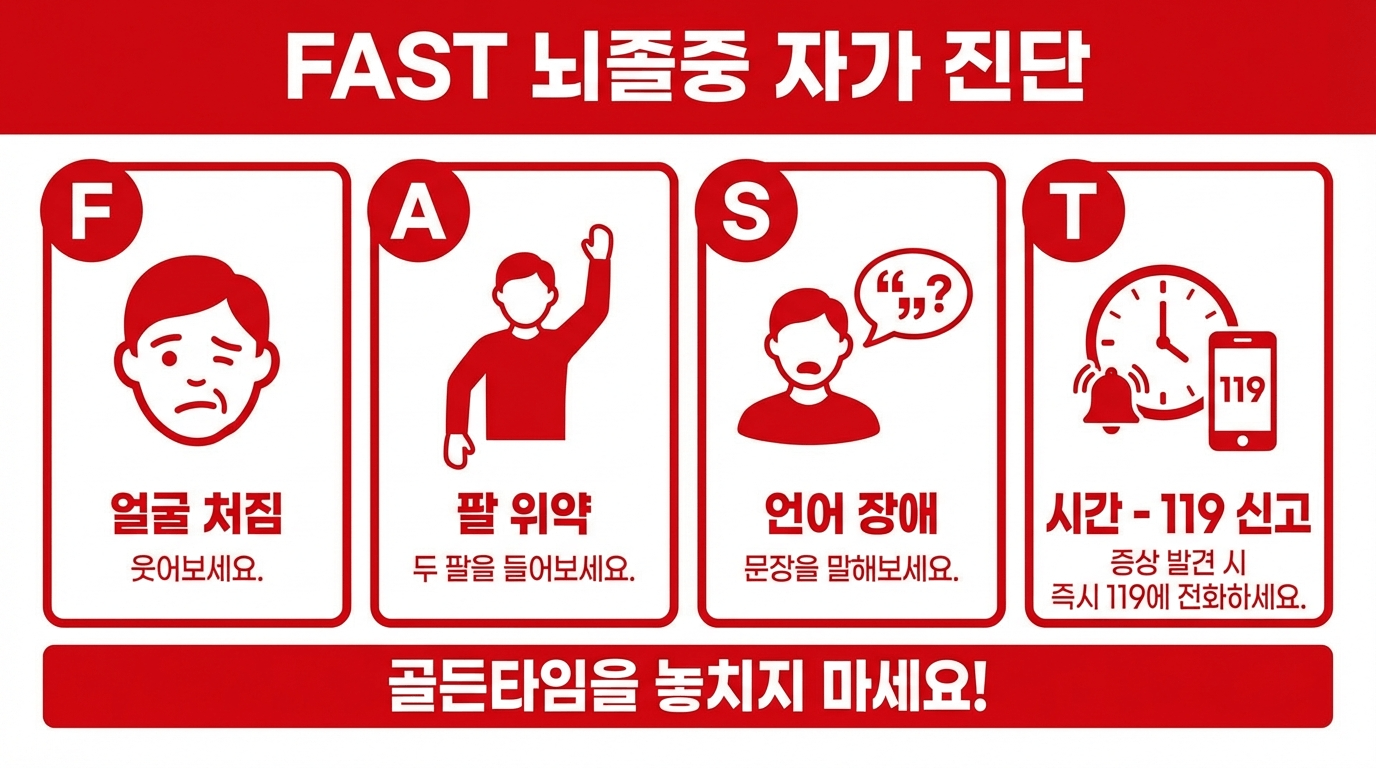 FAST 뇌졸중 자가진단 4단계를 아이콘으로 표현한 일러스트