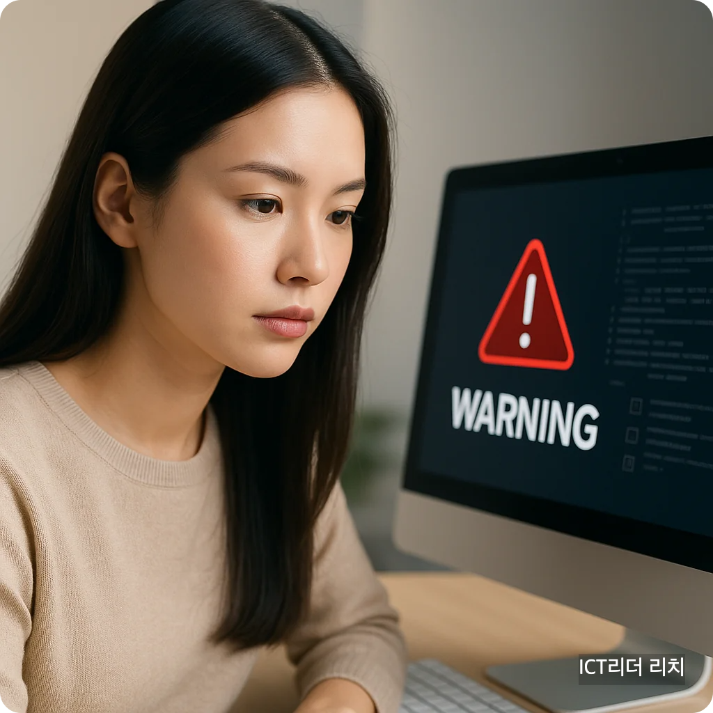해킹 경고창을 바라보는 여성 전문가의 정면 모습
