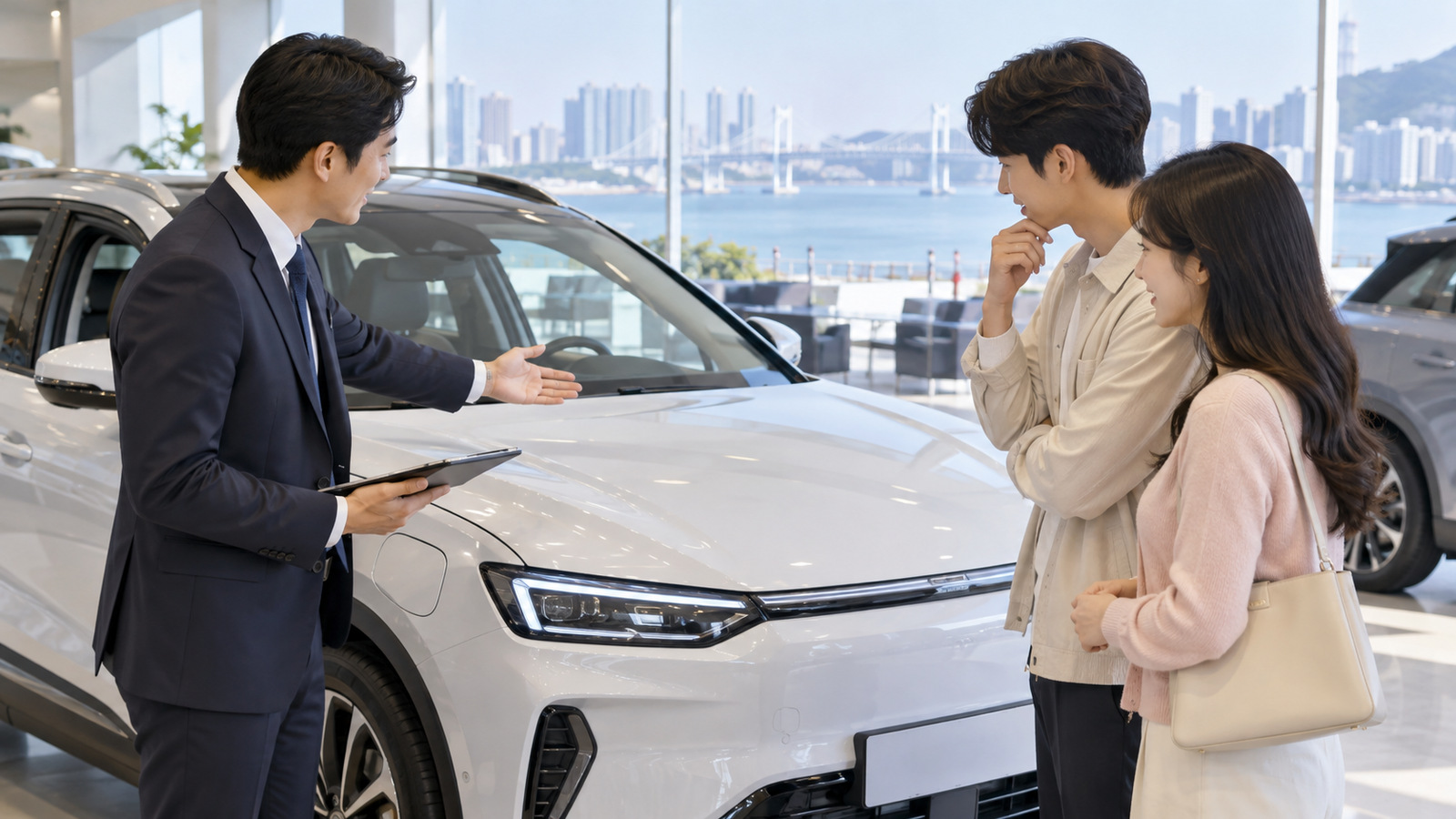 부산의 전기차 판매 전시장에서 구매자가 상담사와 차량 구매 조건을 살펴보는 장면