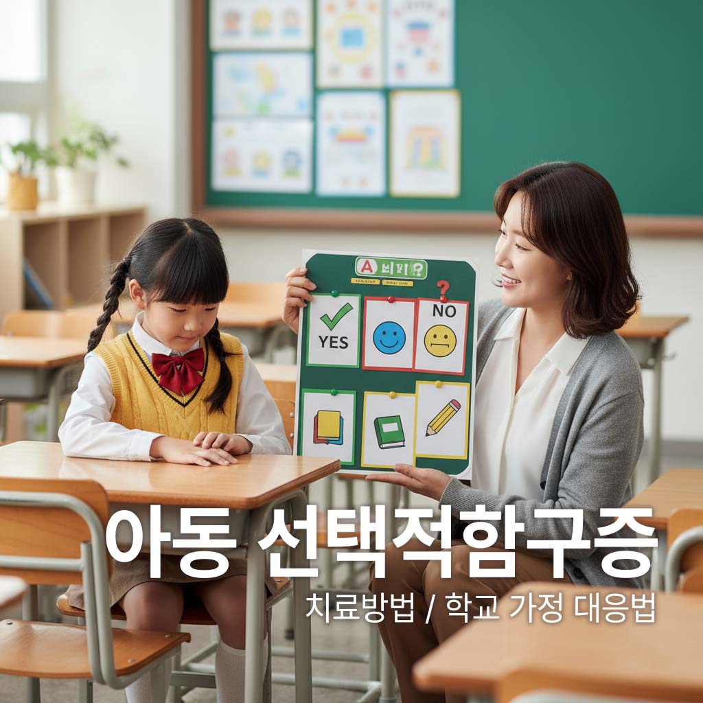 선택적 함구증이 있는 아이와 학교 선생님이 질문카드로 상호작용을 하고 있다