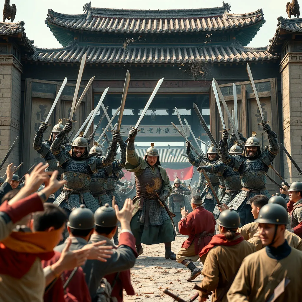 갑옷을 입은 반정군이 칼을 들고 궁궐 문을 부수고 진입하는 역동적인 모습입니다. 백성들이 환호하며 그들을 맞이하거나, 병사들이 두려움에 떨며 도망치는 모습이 함께 담겨 격변의 순간을 극대화합니다.