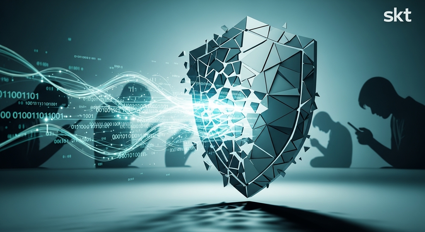 개인 정보가 유출되어 불안해하는 사람들과 깨진 디지털 방패를 보여줍니다.