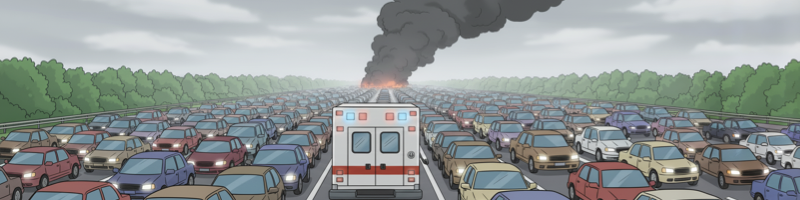꽉 막힌 고속도로를 역주행 하는 앰뷸런스. 아무리 구급차를 보내도 길이 막혀 도착할 수 없다면 환자는 이송할 수 없음을 상징적으로 보여주는 이미지