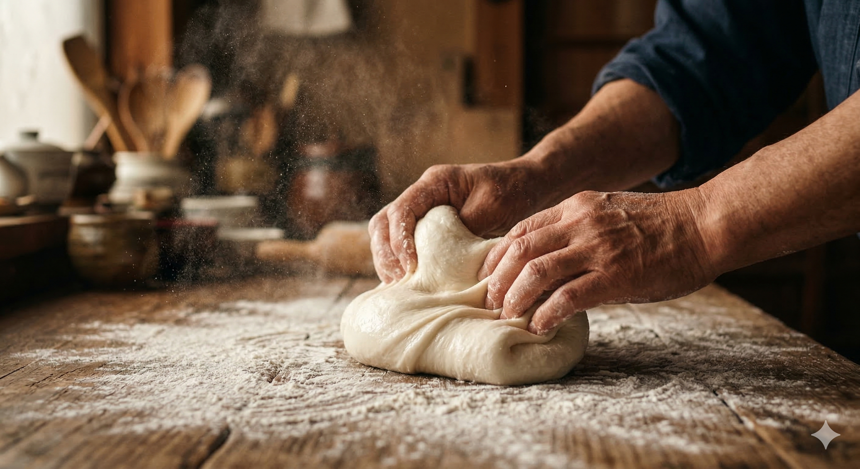 나무 테이블 위에서 전분가루를 묻혀 부드럽고 하얀 찹쌀떡 반죽을 정성스럽게 치대는 모습. 공중에 미세하게 흩날리는 가루와 따뜻한 실내 조명이 감성적인 분위기를 연출하며, 반죽의 쫄깃한 질감이 생생하게 표현된 8k 시네마틱 컷