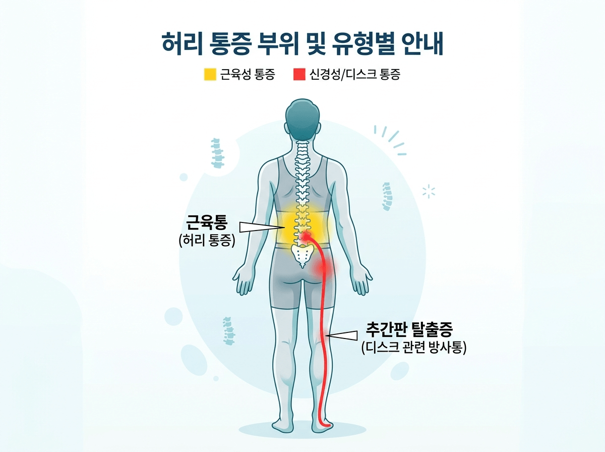 허리 통증 위치별 의심 원인을 표시한 인체 후면 인포그래픽
