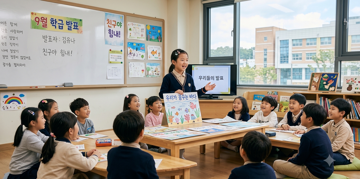 친구들 앞에서 발표하고있는 아이