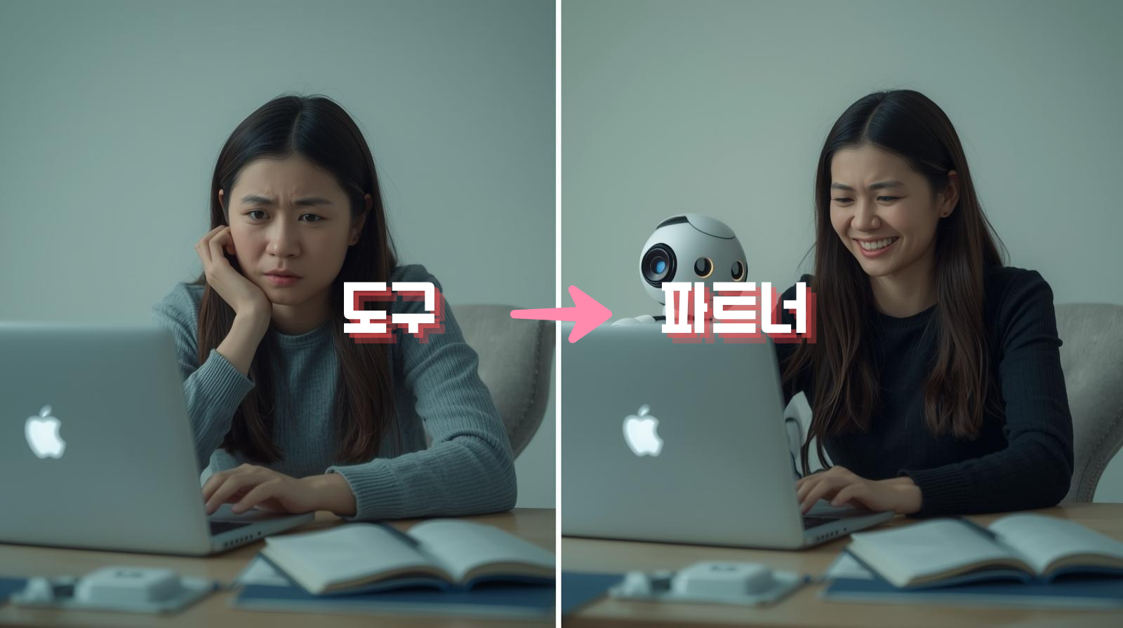좌우 비교사진, 왼쪽은 일이 잘 풀리지 않아 고민하는 사람, 오른쪽은 AI와 함께 파트너로 즐겁게 일하는 모습