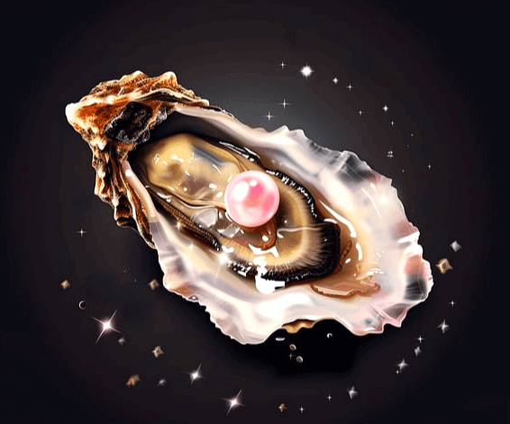 커다란 굴이 껍질째 있다. 딱딱한 껍질 안에 부드러운 굴이 있고 굴 위에는 분홍색 진주가 있다.