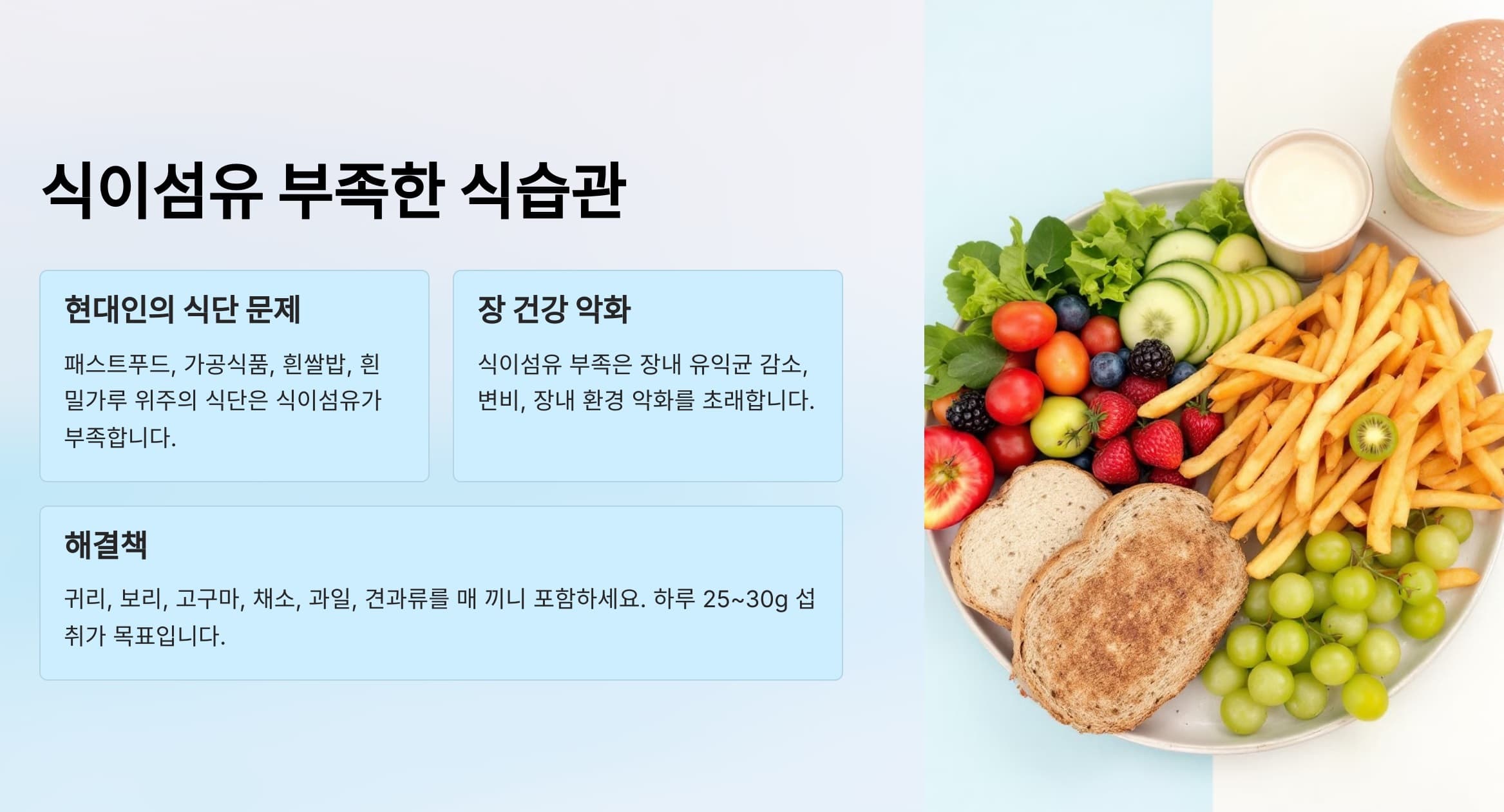 식이섬유가 부족한 현대인의 식습관과 문제점, 해결방법을 요약한 인포그래픽