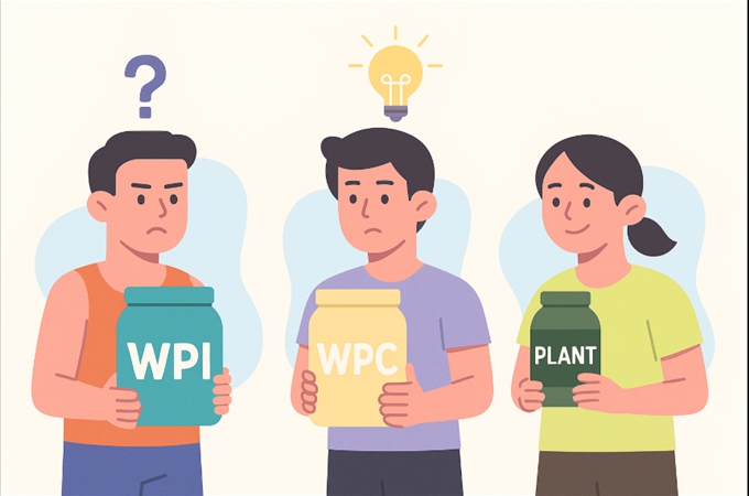 세 인물이 WPI, WPC, 식물성 단백질 파우더를 각각 들고 비교하는 장면