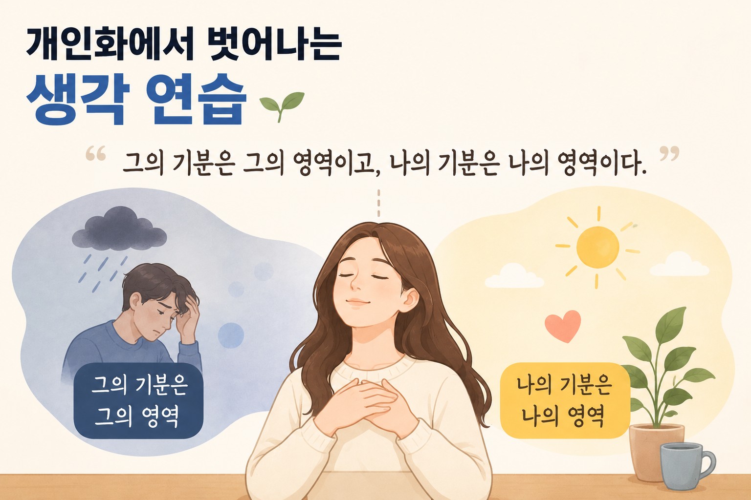 타인의 감정과 자신의 감정을 구분하며 편안함을 되찾는 여성의 모습을 표현한 개인화 인지왜곡 썸네일 이미지