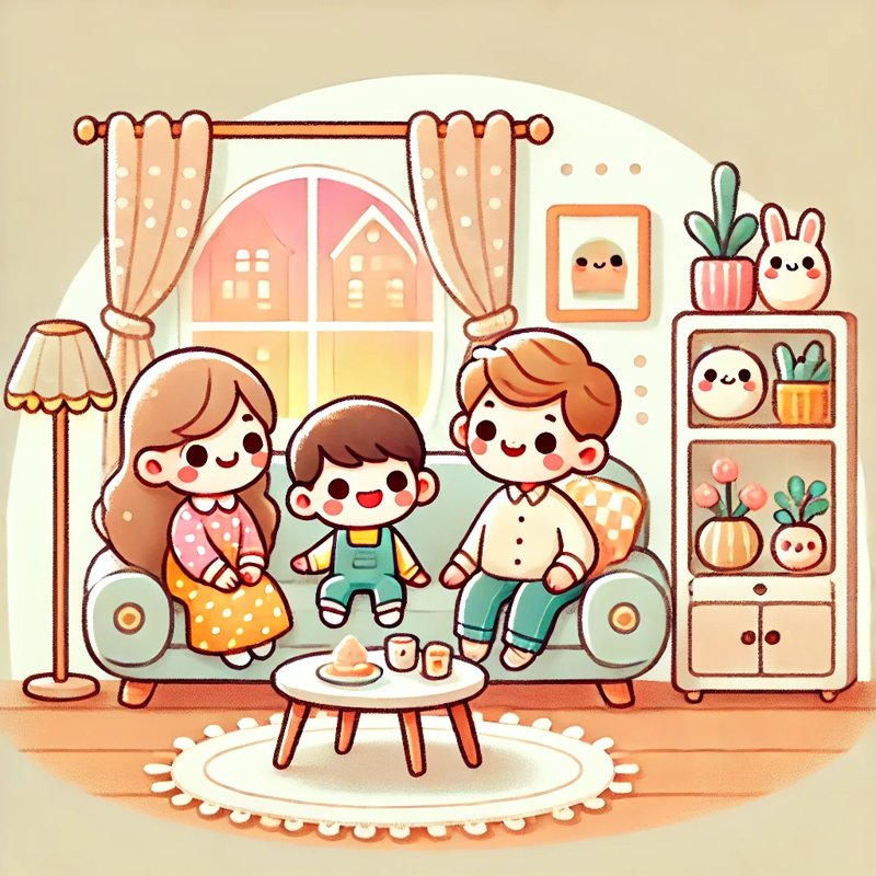 A cute and whimsical illustration of a modern living room with a warm and inviting atmosphere, 명절 가족