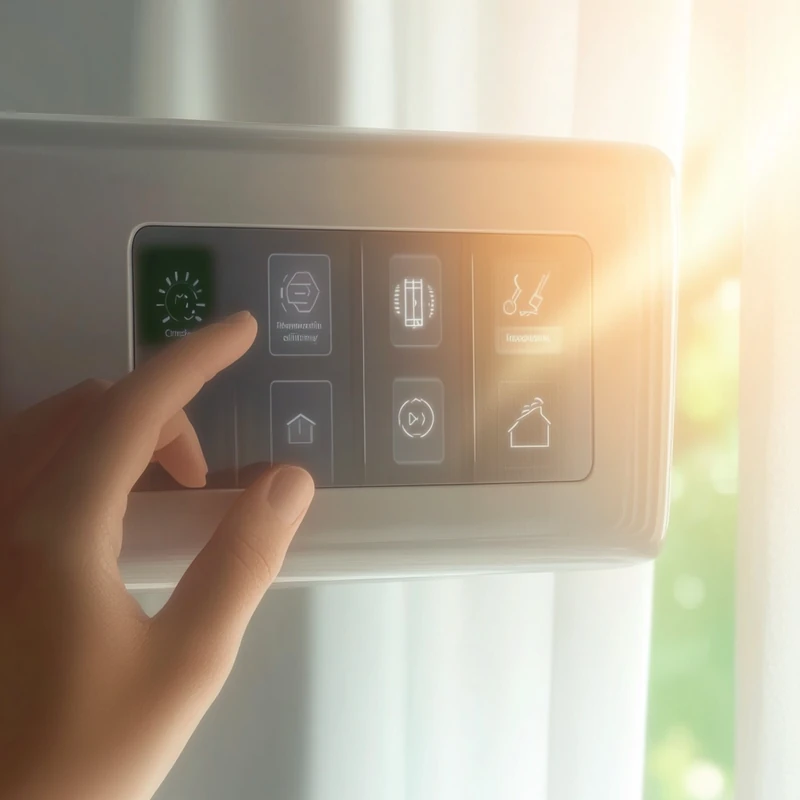 에어컨의 스마트한 제어 패널이 AI 기반의 개인화된 쾌적함을 제공하는 모습. 혁신적이고 부드러운 오후빛이 인터페이스의 빛을 강조한다. 사용자의 편리함을 위한 최적의 기술을 보여준다.