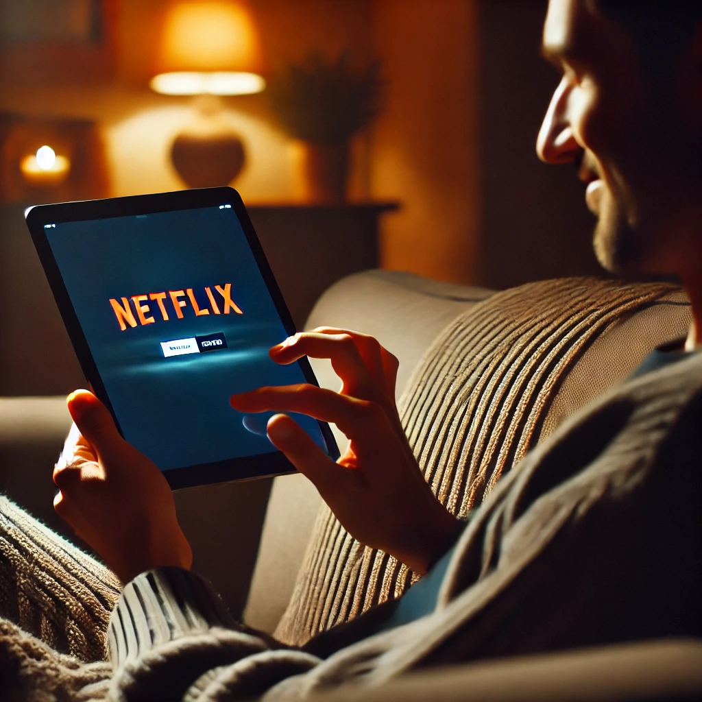 소파에서 여러 디바이스로 넷플릭스를 즐기는 사람들