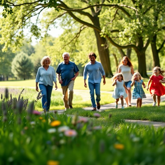 어버이날에 가족들이 근처 공원에서 행복하게 산책을 합니다.