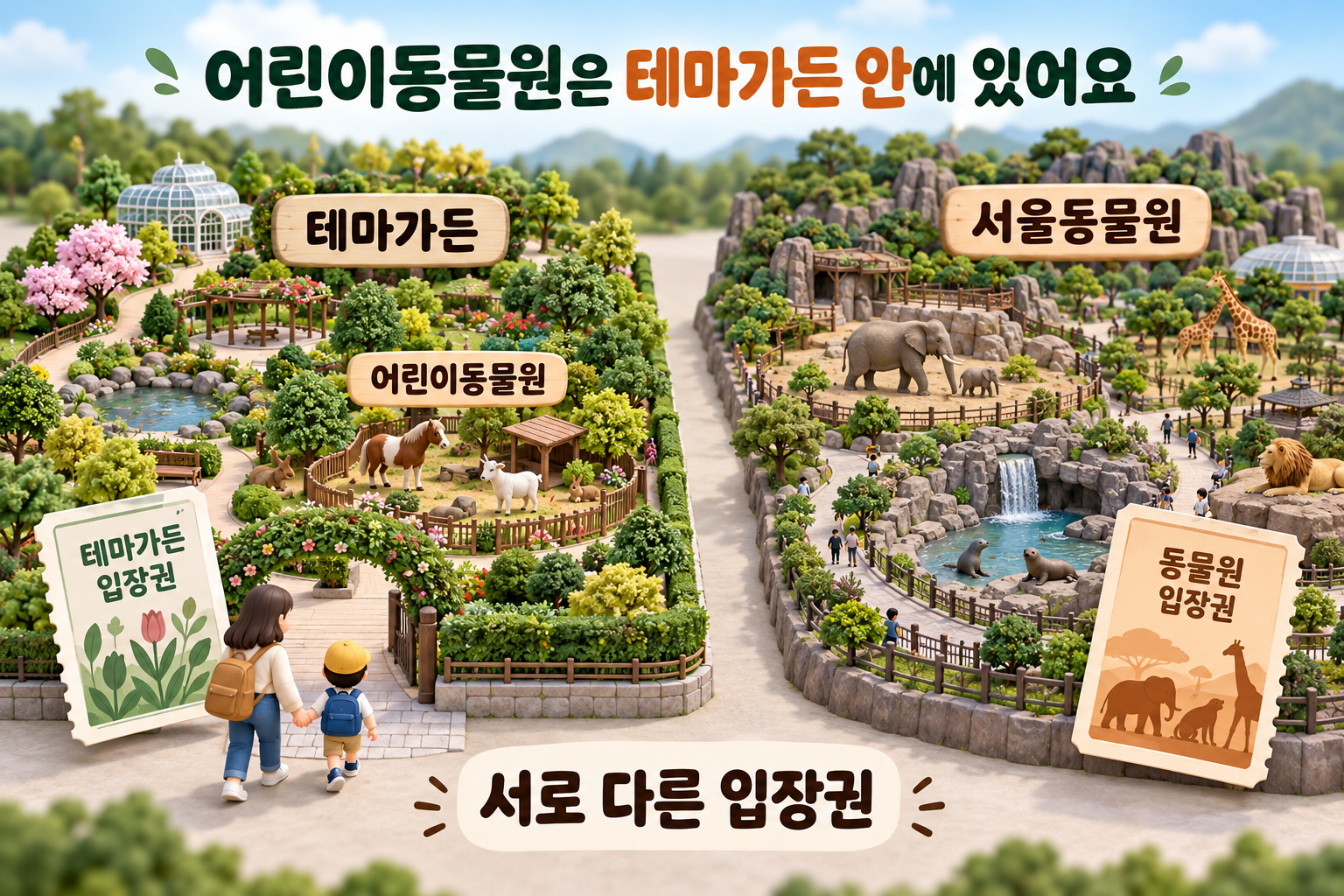 테마가든 안에 있는 어린이동물원과 별도 입장권을 쓰는 서울동물원 구분