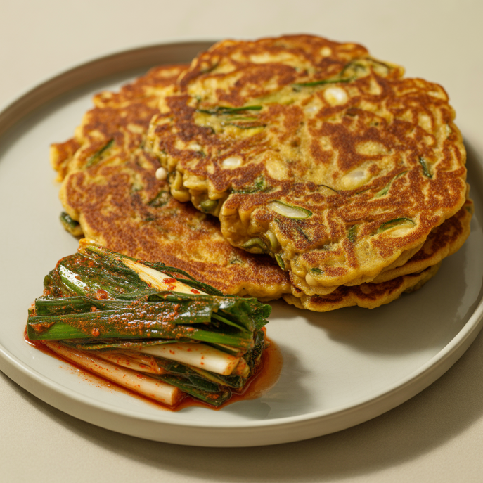 노릇노릇 구워진 빈대떡 옆에 파김치 한 점 놓인 정물 사진