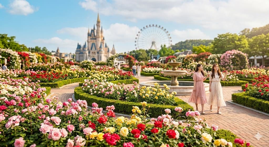 A vibrant, natural photograph of the 2026 Everland Rose Festival, showing thousands of blooming roses in red, pink, and yellow, without any Korean or English text or signage.