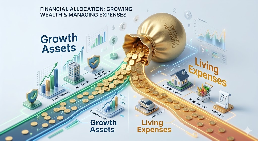 금화 주머니가 '성장'과 '생활비'로 나뉘어 흐르는 인포그래픽