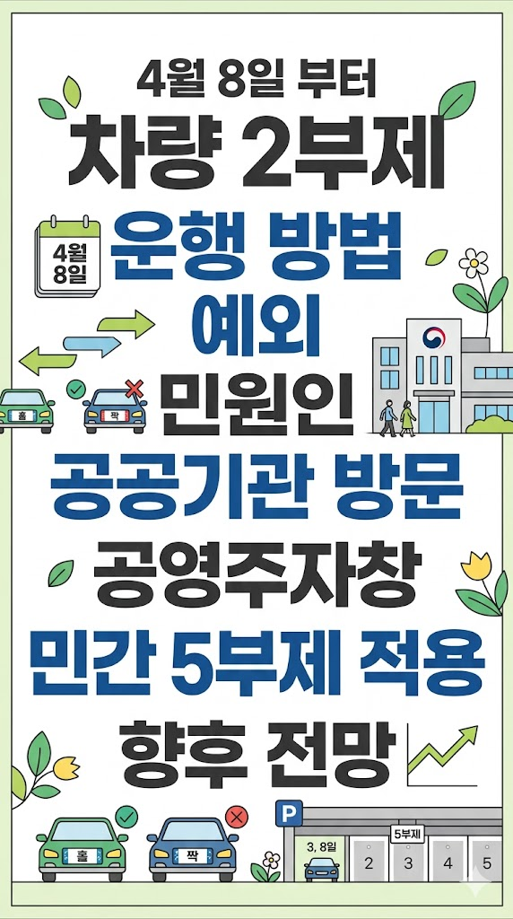 4월 8일 부터 차량 2부제, 운행 방법, 예외, 민원인 공공기관 방문, 공영주자창 민간 5부제 적용, 향후 전망