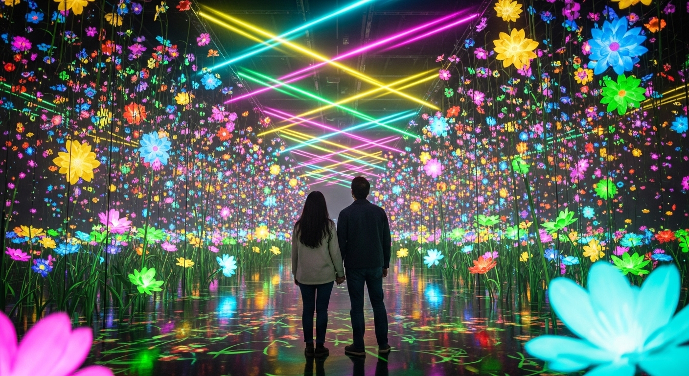 화려한 디지털 꽃과 조명으로 가득 찬 전시 공간 한가운데 서 있는 연인의 뒷모습