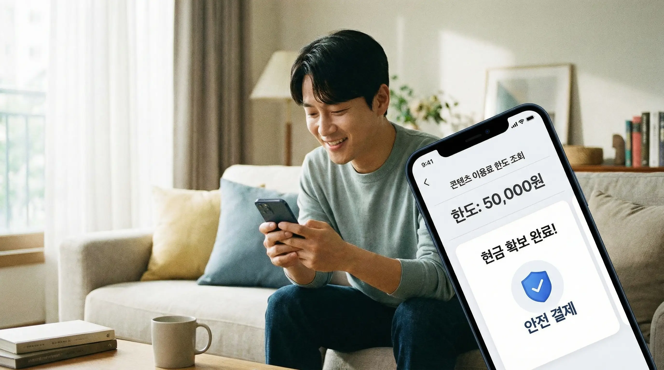 스마트폰으로 안전하게 콘텐츠 이용료 한도를 조회하고 현금을 확보한 후 안도하는 모습