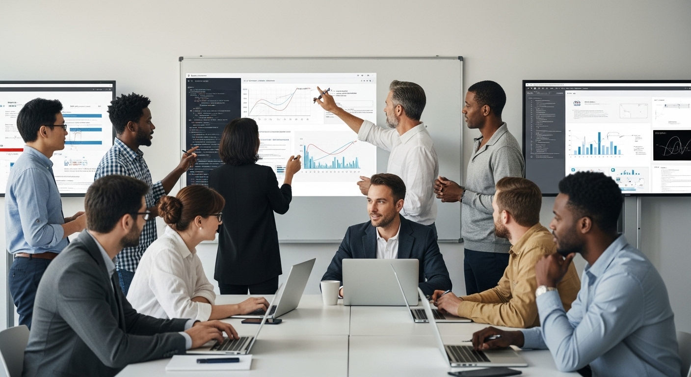 다양한 연령대의 한국인들이 현대적인 강의실에서 활발하게 직업 훈련에 참여하는 모습. 협업과 학습에 집중하는 긍정적인 분위기를 연출한다.