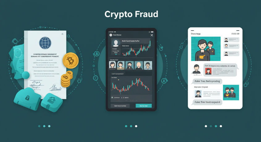 위조된 정부 문서와 가짜 거래소 화면, 단체 채팅방 사기를 나타내는 세 가지 이미지