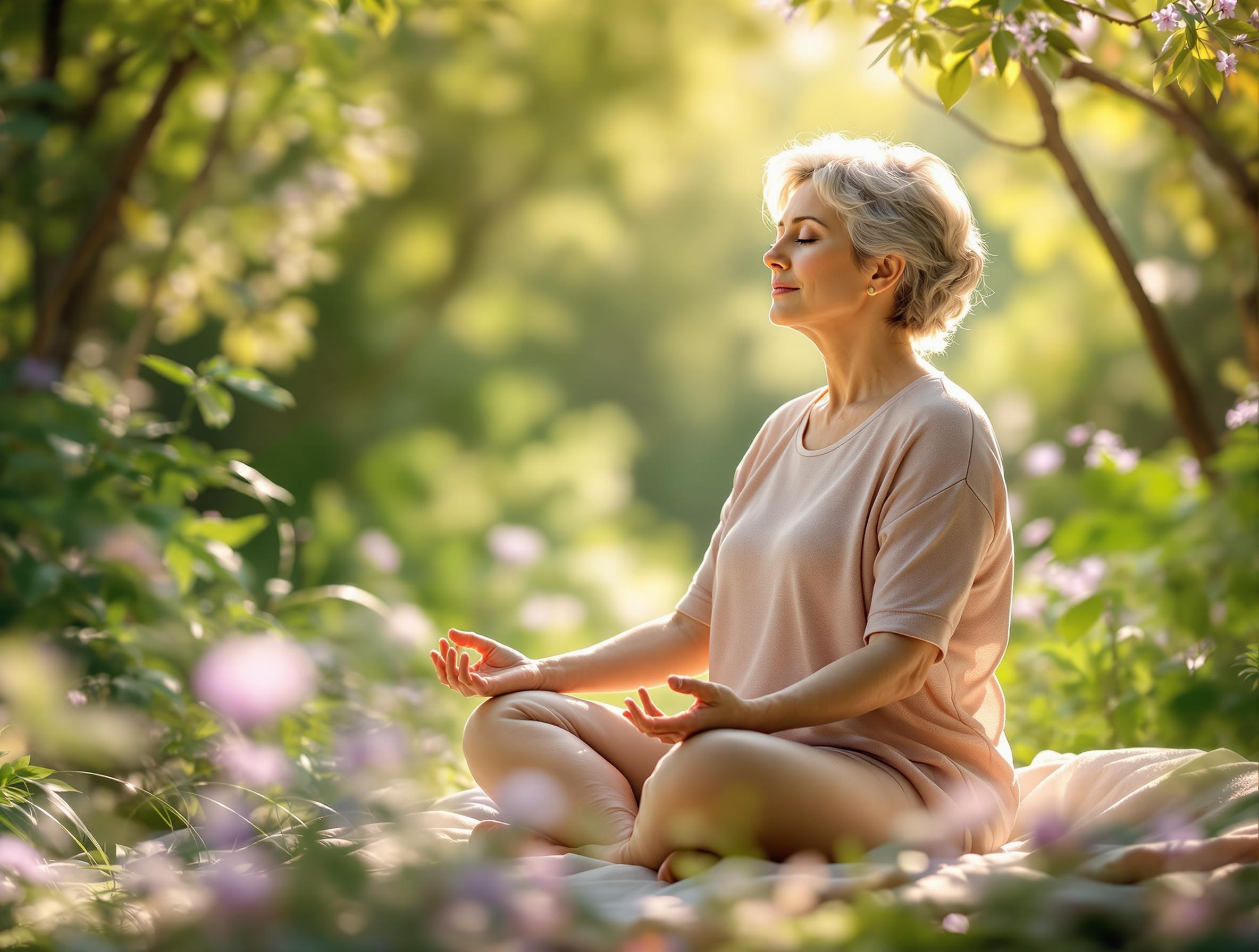 평온한 표정으로 요가를 하는 여성의 모습