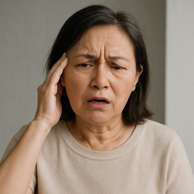 갑작스럽게 말이 어눌해져 당황한 표정의 중년 여성, 뇌졸중 초기 증상을 의심하는 모습(출처: 자체제작)