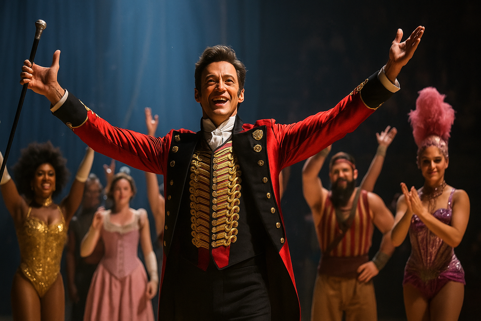 서커스장에서 공연을 마치고 엔딩포즈를 한 사람의 사진