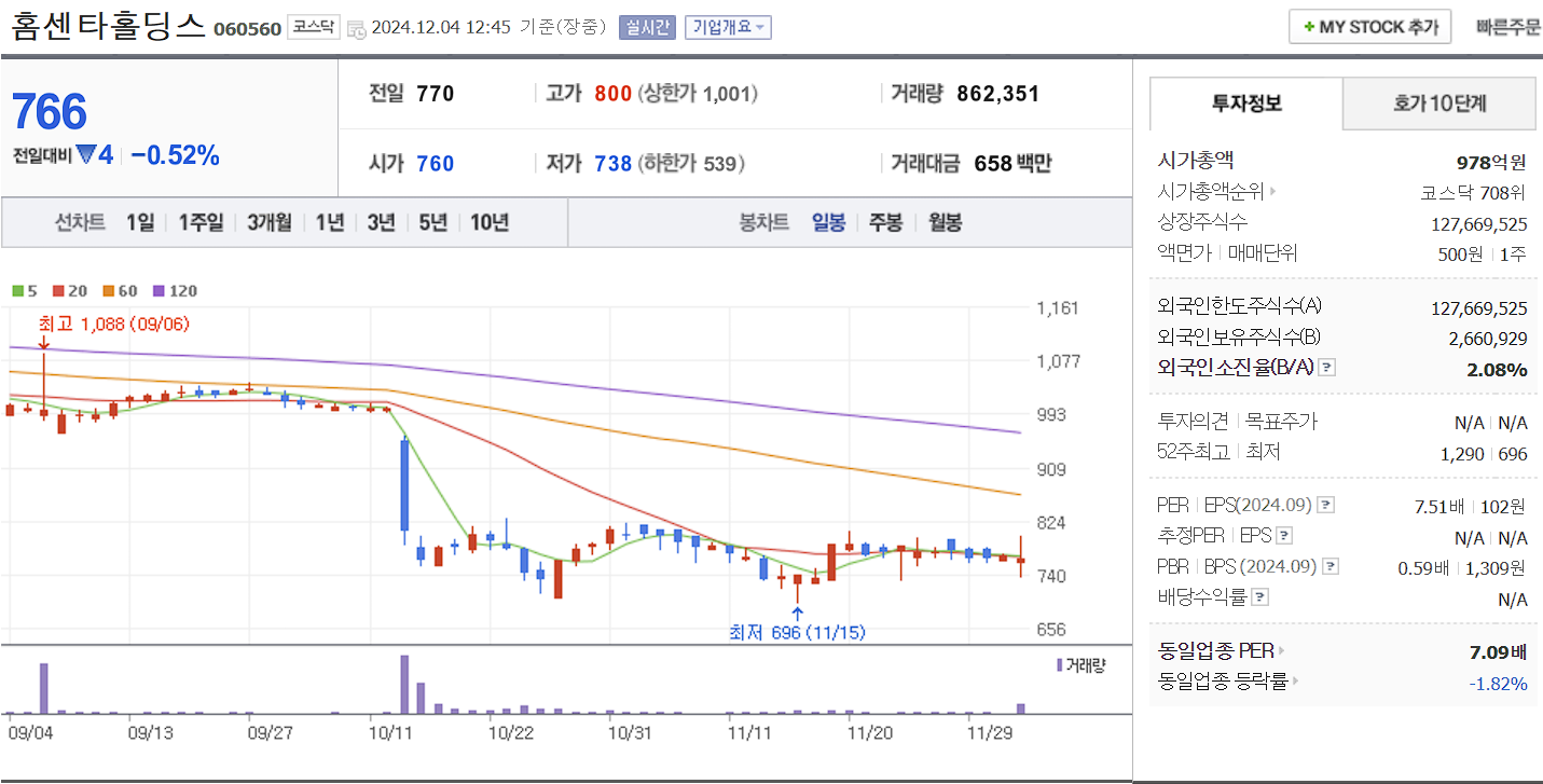 유승민 관련주 홈센타홀딩스 일봉 차트