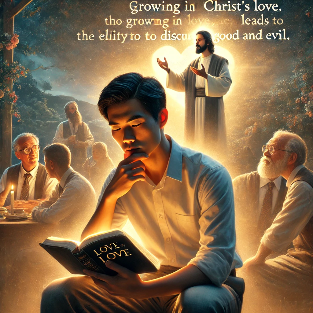 Here is the depiction inspired by Philippians 1:9-10, showing a man reflecting on Christ's love and sharing with others how growing in that love leads to the ability to discern good and evil. The scene conveys peaceful reflection and a heart for sharing the blessings that come from living a life rooted in Christ's love.