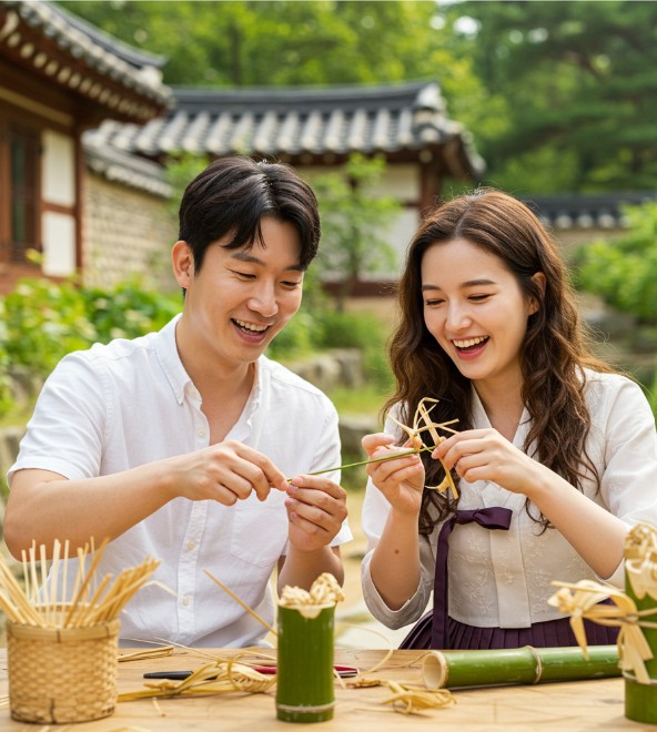 대나무 축제 현장에서 공예품을 만들며 즐거워하는 모습의 이미지