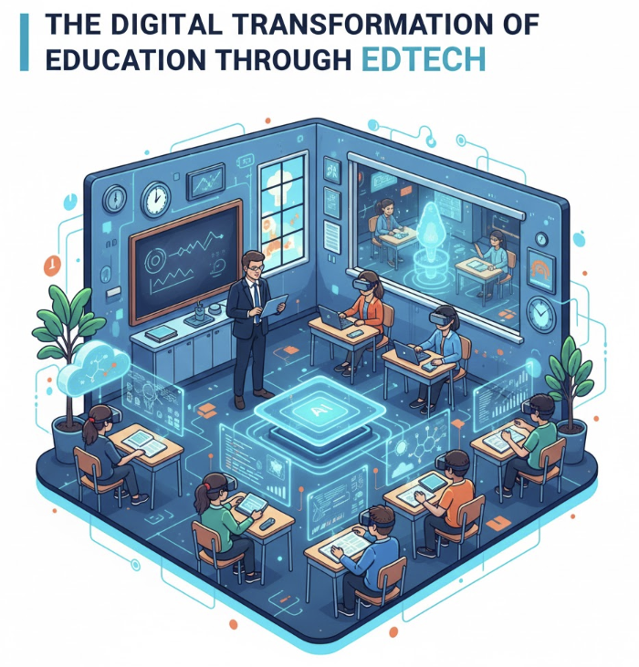 AI 기반 어댑티브 러닝과 실감형 VR 콘텐츠를 통해 학생별 맞춤 학습을 지원하고 교사는 학습 촉진자 역할을 수행하는 현대적인 에드테크 교육 현장 인포그래픽 이미지.