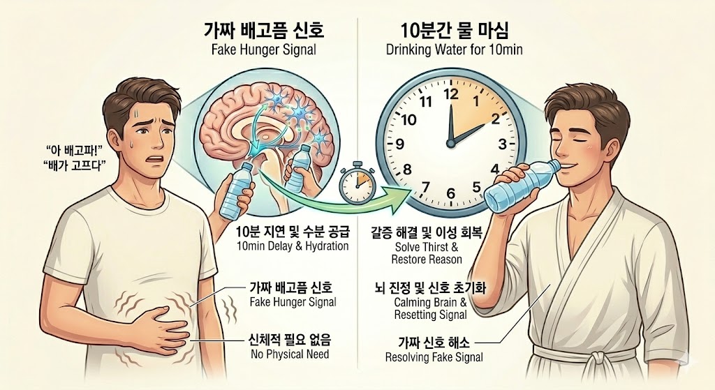 가짜 배고픔 신호가 올 때 10분간 물을 마시며 뇌를 진정시키는 과학적 설루션 인포그래픽 (A scientific solution infographic showing how to calm brain signals by drinking water for 10 minutes when fake hunger strikes.)