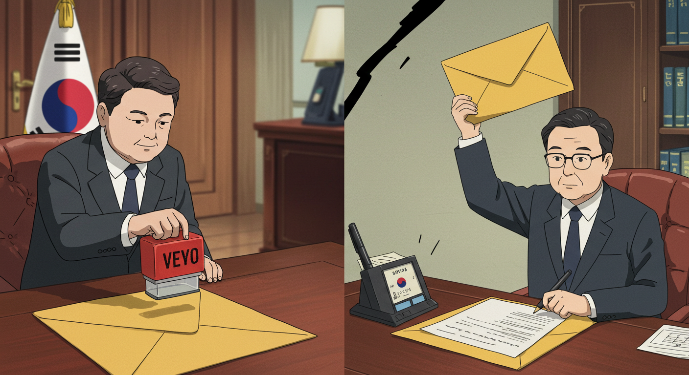 대통령들의 상반된 결정이 대비되는 상징적 장면