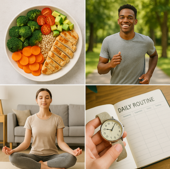 건강한 식단, 운동, 명상, 일상 루틴이 함께 있는 콜라주 이미지