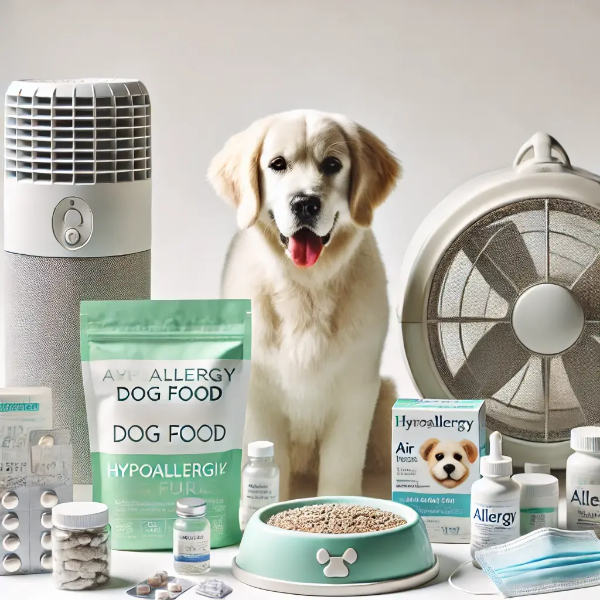 하얀 배경 위에 정돈된 반려견 알러지 케어 필수품들의 전문 스튜디오 촬영 사진