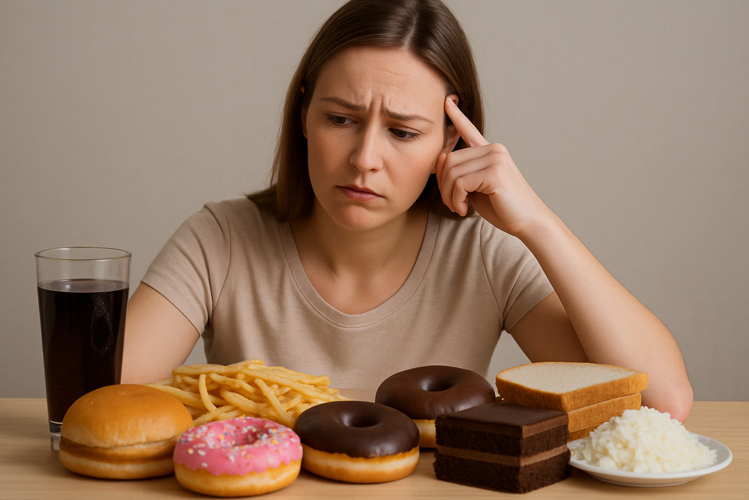 정제된 탄수화물과 설탕 가공식품들 앞에서 고민하는 여성