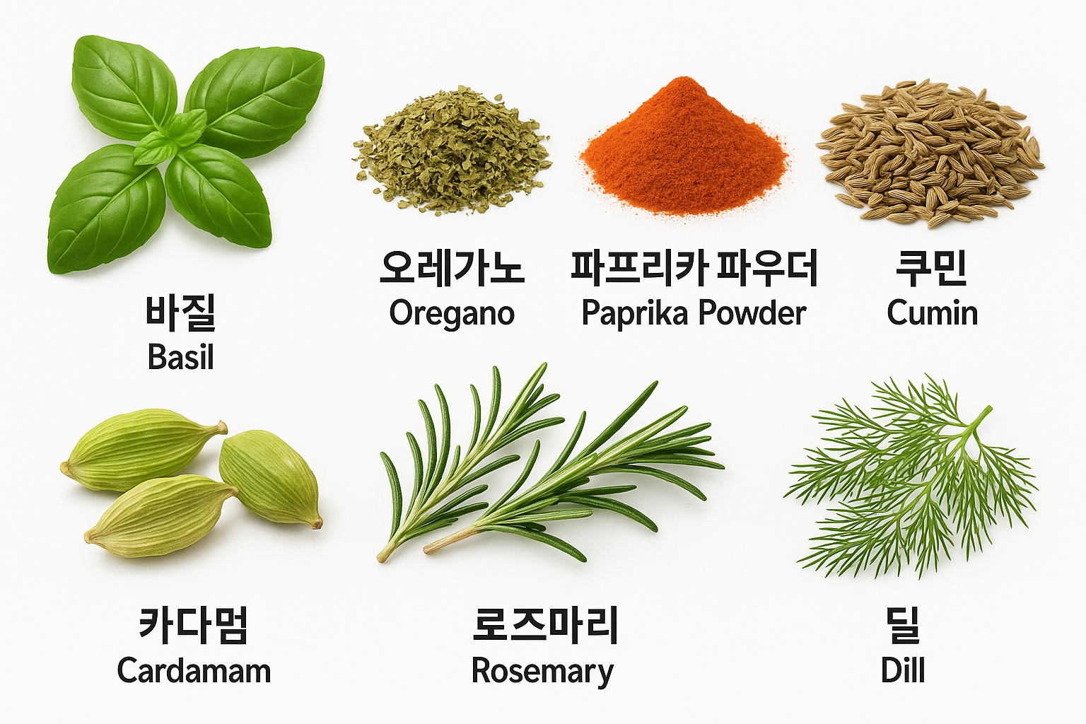 “바질, 오레가노, 파프리카 파우더, 쿠민, 카다멈, 로즈마리, 딜 등 7가지 외국 향신료가 흰 배경 위에 2열로 정렬되어 있으며, 각각의 향신료 아래에 한글과 영어 이름이 함께 표기되어 있는 이미지입니다.”
