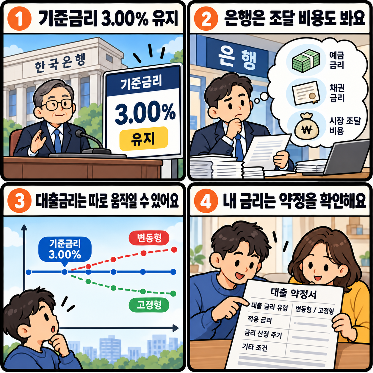 4컷 만화: 1 한국은행 기준금리 3.00% 유지. 2 은행은 예금금리·채권금리 등 자금 조달 비용을 고려. 3 기준금리가 같아도 대출금리는 별도로 움직일 수 있음. 4 내 대출 약정의 금리 유형과 산정 주기를 확인.