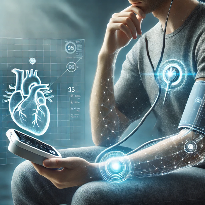 디지털 혈압계를 사용하여 집에서 혈압을 측정하는 모습의 이미지