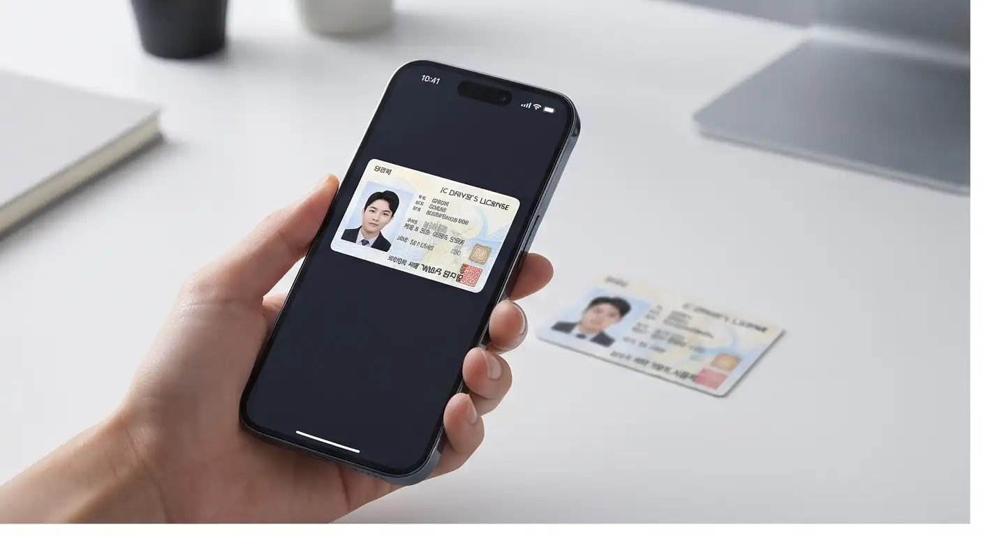 손에 든 아이폰 화면에 IC 운전면허증 정보가 디지털 형태로 등록되어 표시된 모습과 실물 IC 운전면허증