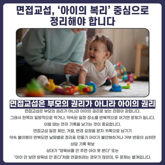 면접교섭이 막히면 &ldquo;아이의 복리 + 반복성&rdquo;으로 접근해야 한다는 설명 카드뉴스이미지