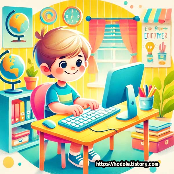 타자연습하는 어린이 일러스트